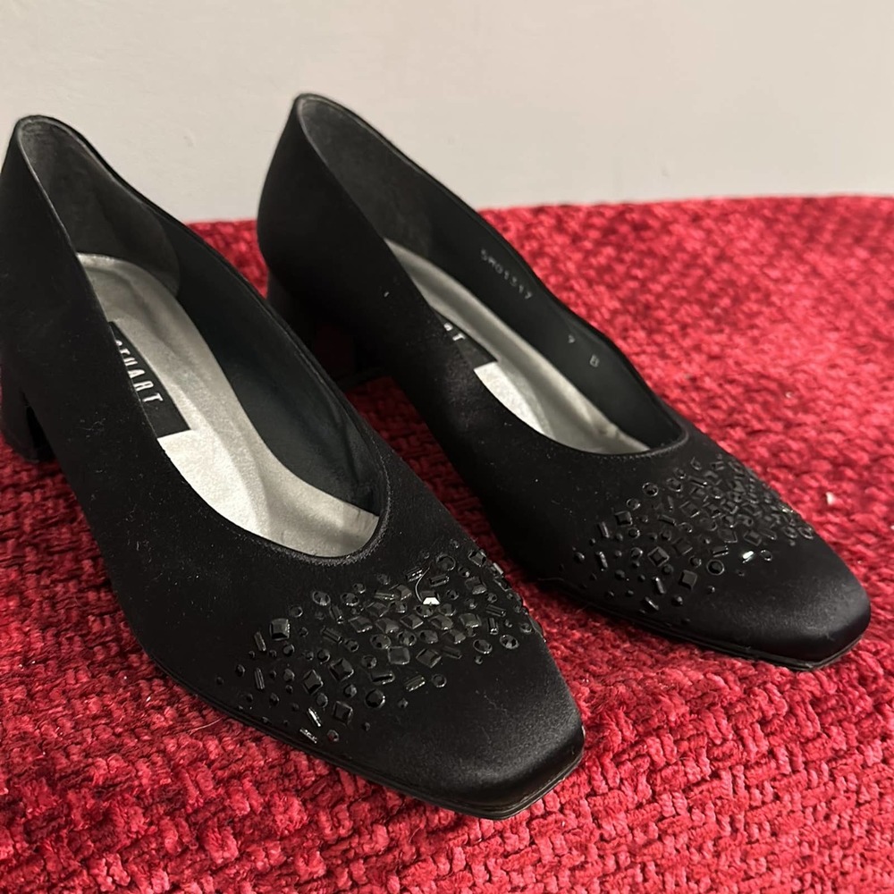 Stuart Weitzman - Block Heel, Black Beaded Dress Shoes -Size 9B